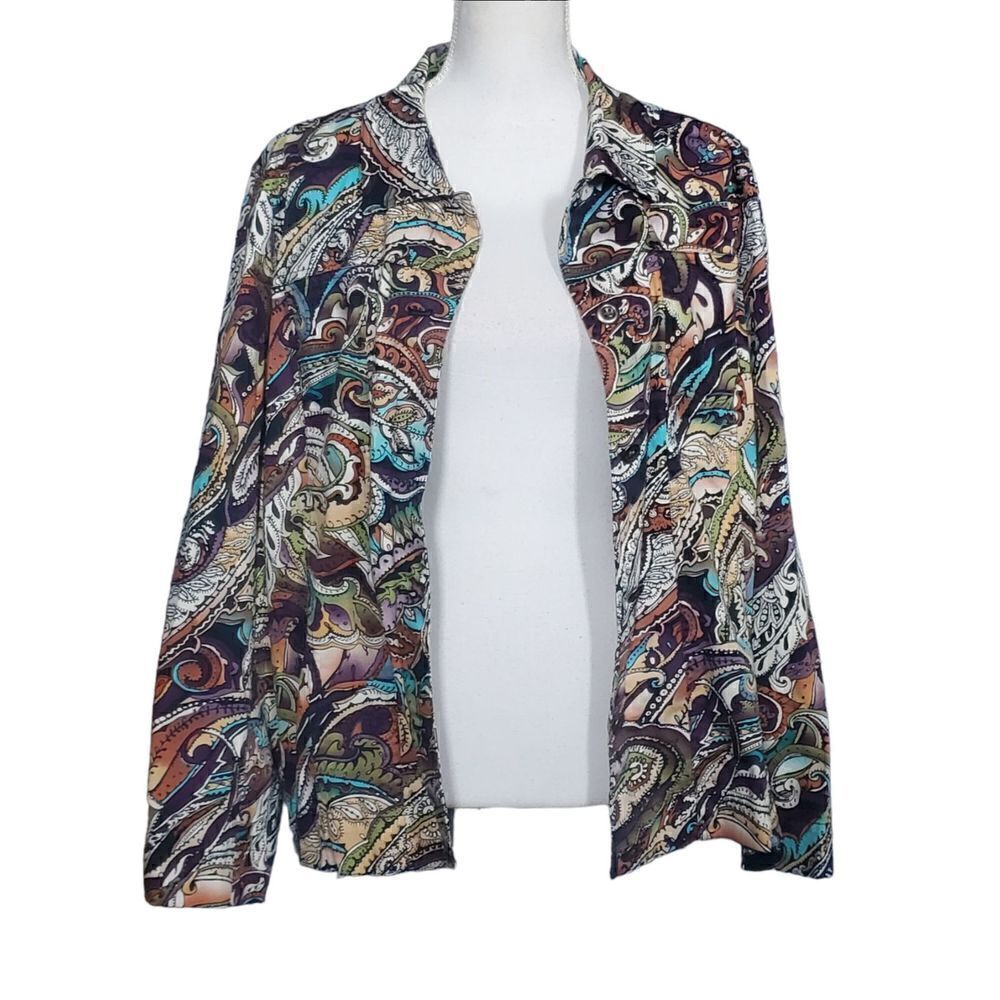 Chico's Jacket Size Extra Large Paisley Green Brown Artsy Boho Maximalist Fun - Picture 10 of 11